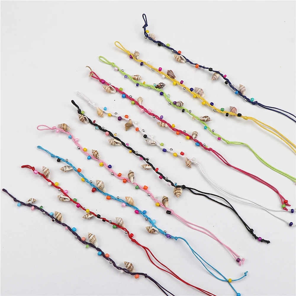 Wholesale Bulk Lots 50pcs Conch Shell Handmade Braided Cotton Rope Jewelry Cuff Bracelet For Women Mix Style Size Adjustable