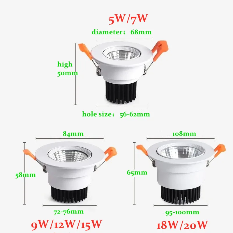 Dimmable AC90V-260V 5W7W9W12W15W18W20W LED Downlights Epistar Chip COB Recessed Ceiling Lamps Spot Lights  For Home illumination