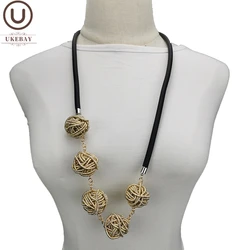 UKEBAY New Gold Ball Necklace Black Rubber Chain Women's Pendant Handmade Gold Jewelry Fashion Beaded Wedding Accessories Gift