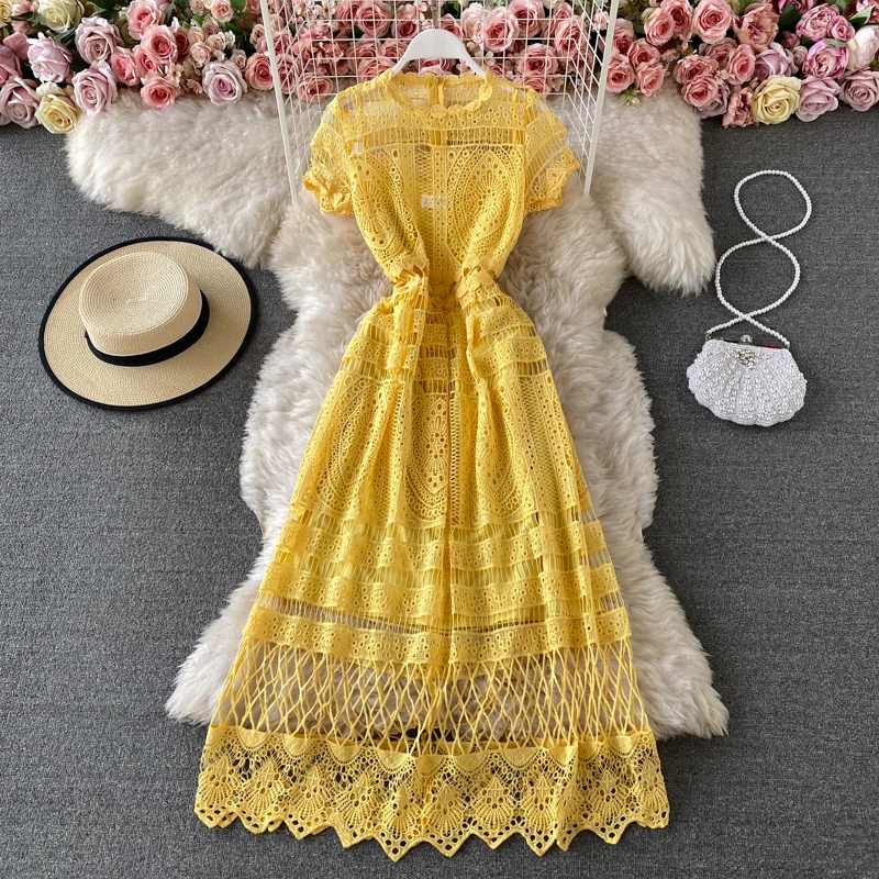 JSXDHK 2023 Summer Runway Yellow Lace Dress Elegant Korean Women Short Sleeve Hollow Out Female Hook Flower Long Party Vestidos