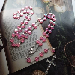 Catholic Porcelain Pink Rosary Prayer Necklace Mary Blessing Rosary Prayer Necklace Porcelain Pink Heart-shaped Beads N2UE