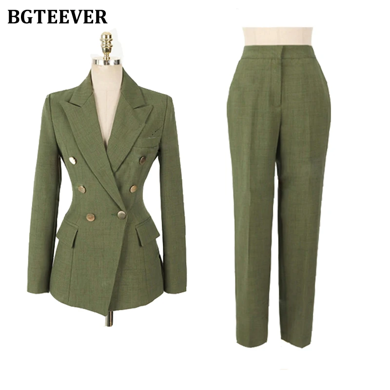 Fashion Green Women Blazer Set Double-breasted Slim Jacket & Pencil Pant Women Pant Suit Ladies Work Suit Female 2 Piece Set