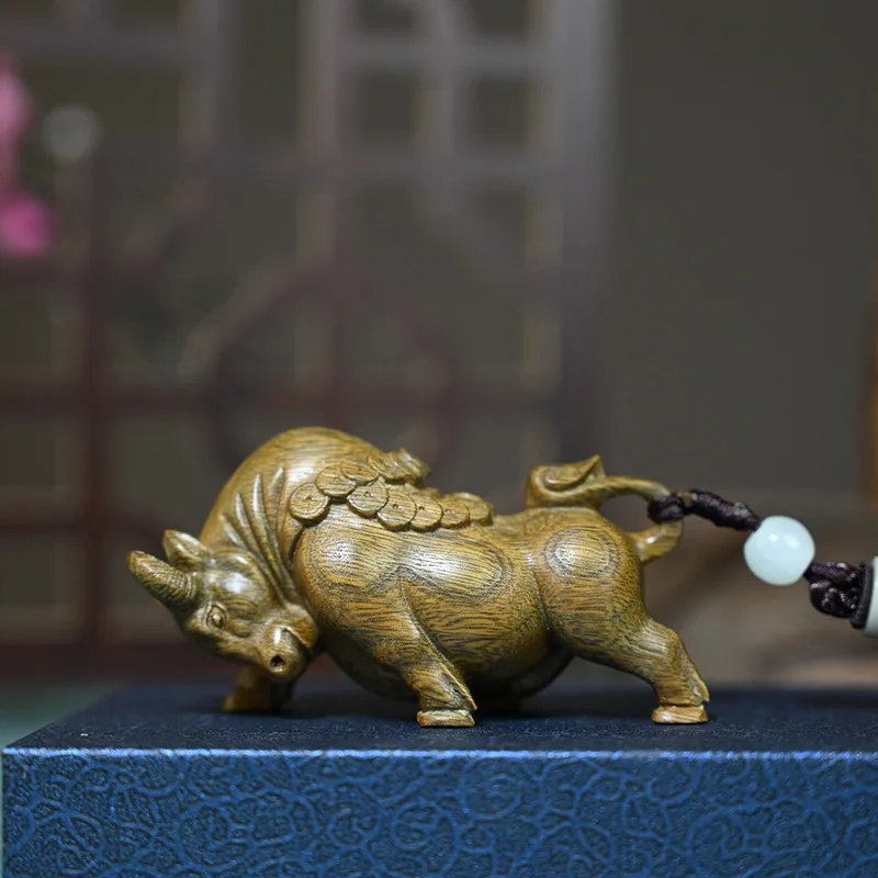 8 CM Buffalo Ox Hand Carved Green Sandalwood Figurine Lucky Netsuke Mini Zodiac Cattle Pendant Feng Shui Home Decor - #W060