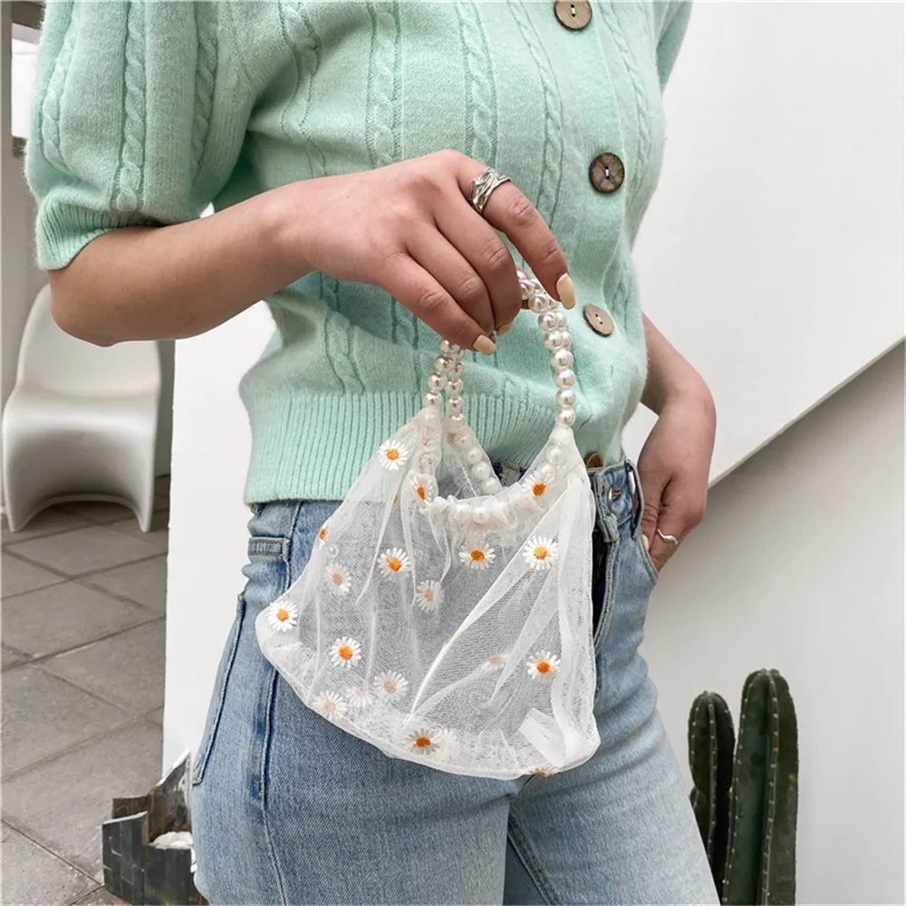 Small Daisy Mesh Shipping Bags Embroidered Light Tote Bags Bolsos Female Floral Pearl Handle Organza Shopper Bag Eco Handbags