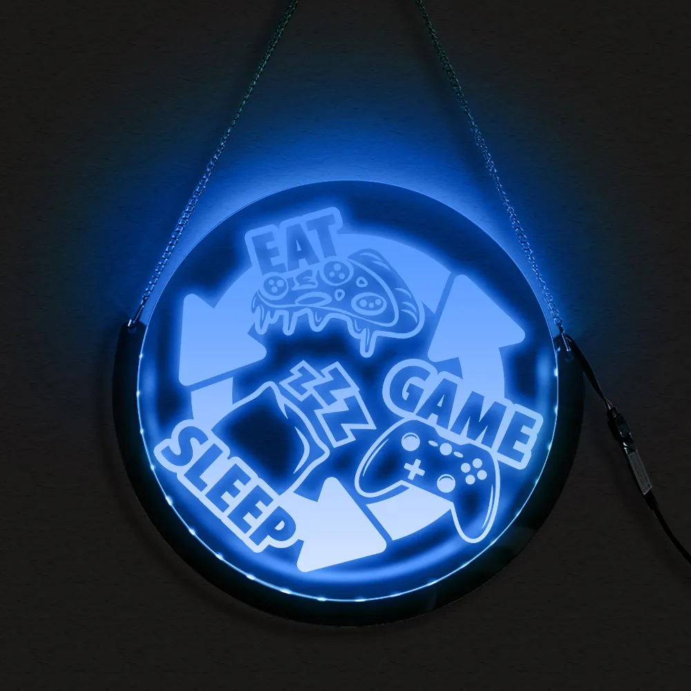 Eat Sleep Game LED Round Hanging Sign Gaming Time Gamepad Electric Display Sign Lighting Decor Art Perfect Gift For Gamers