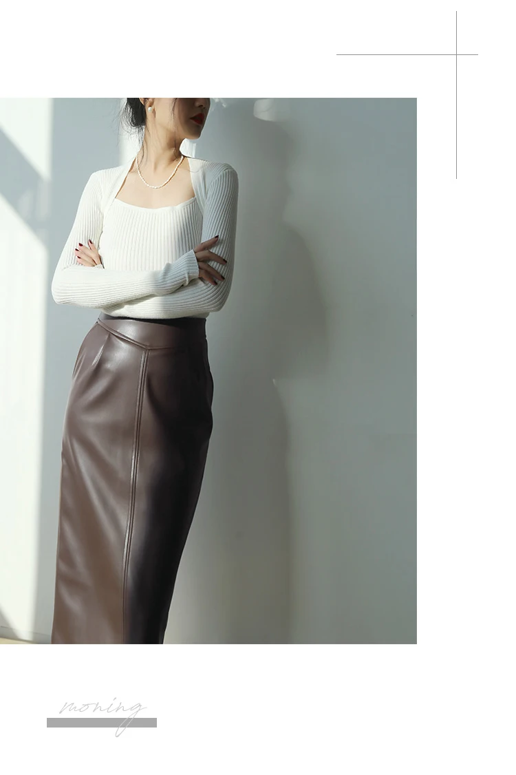 Nerazzurri Spring Midi Pu Leather Skirt Women Brown White Black Long High Waisted Pencil Skirts for Women 2023 Side Slit Zipper 15 H3656f11510494dfe80f6a71b8cbe915fA