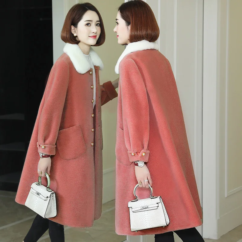 Real Sheep Shearing Coat Female Natural Wool Jacket Women Winter Warm Clothes Mink Fur Collar Long Loose Overcoat LWL1377