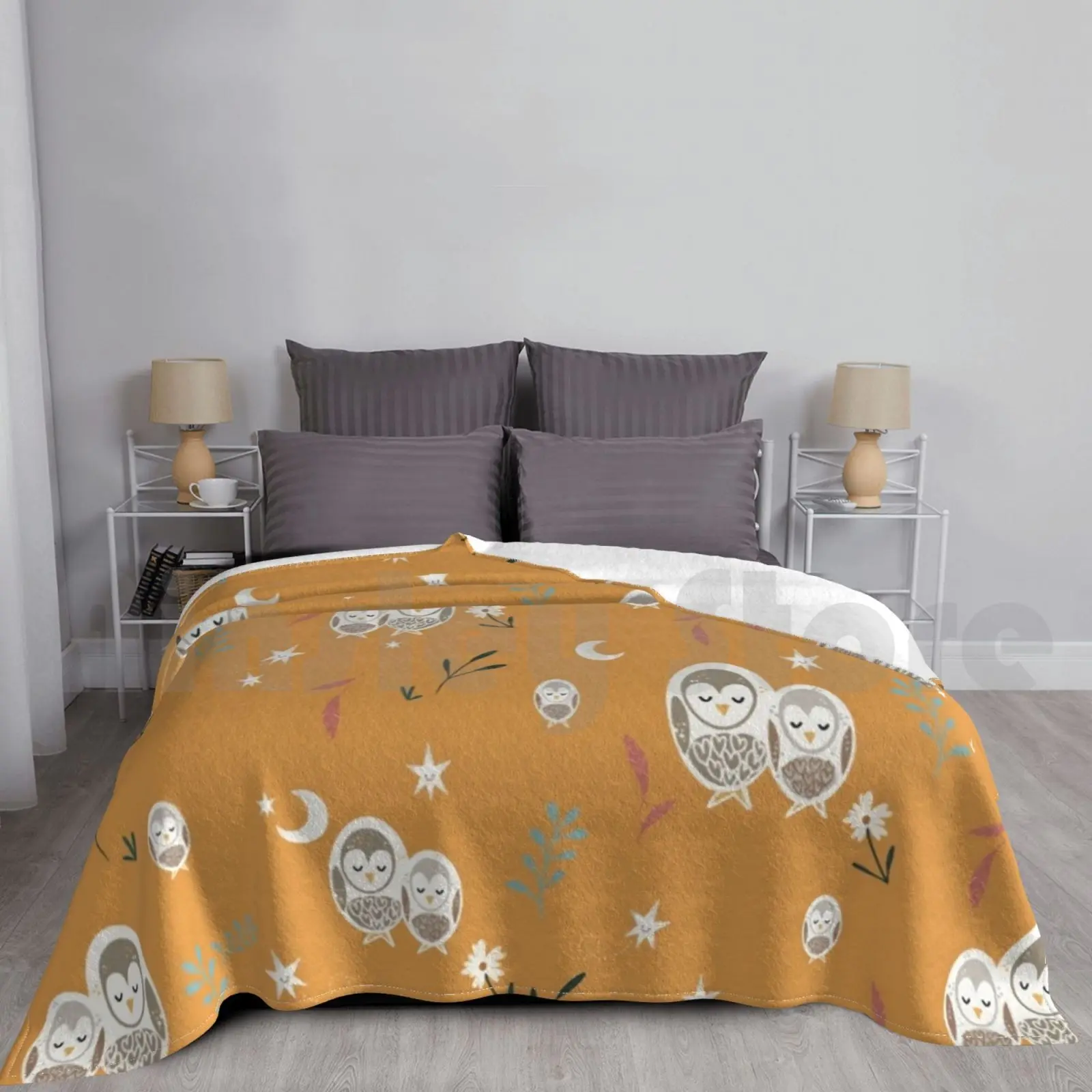 Colorful Owls And Feathers On Trending Mustard Yellow In Scandi Style Blanket Fashion Custom Owl Owl Little Owl