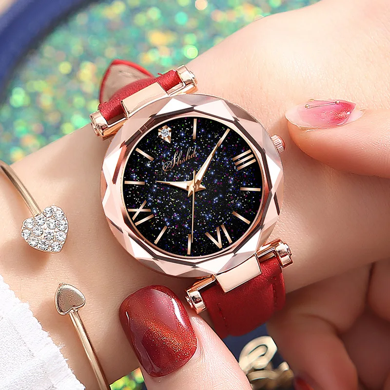 Reloj de pulsera con diamantes de imitación para mujer, reloj de cuero con cielo estrellado romántico, a la moda