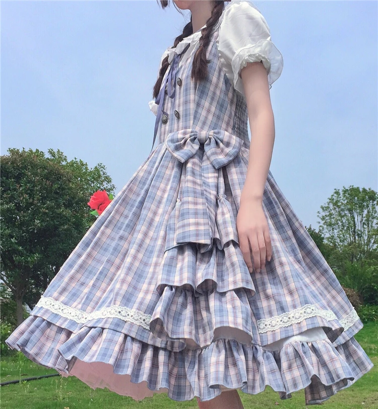 Sweet lolita dress vintage bowknot plaid jk uniform high waist princess victorian dress kawaii girl gothic lolita cosplay loli