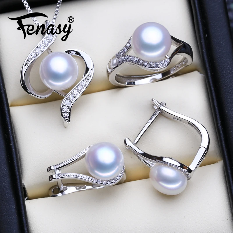 FENASY 925 Sterling Silver Jewelry Sets Natural Pearl Clip Earrings Custom Bohemian Pendant Chain Necklace For Women Ring Set