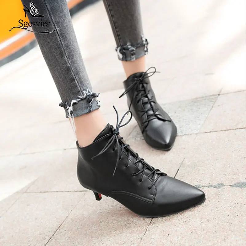 Sgesvier New Fashion women pointed toe lace-up med heel ankle boots lady solid thin heel short boots black red Size 33-46 B882