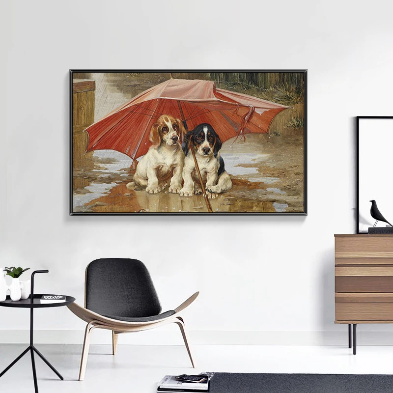 Poor Two Dogs under the Shabby Umbrella Oil Painting Prints on Canvas Wall Art Decorative Picture for Living Room Decor No Frame