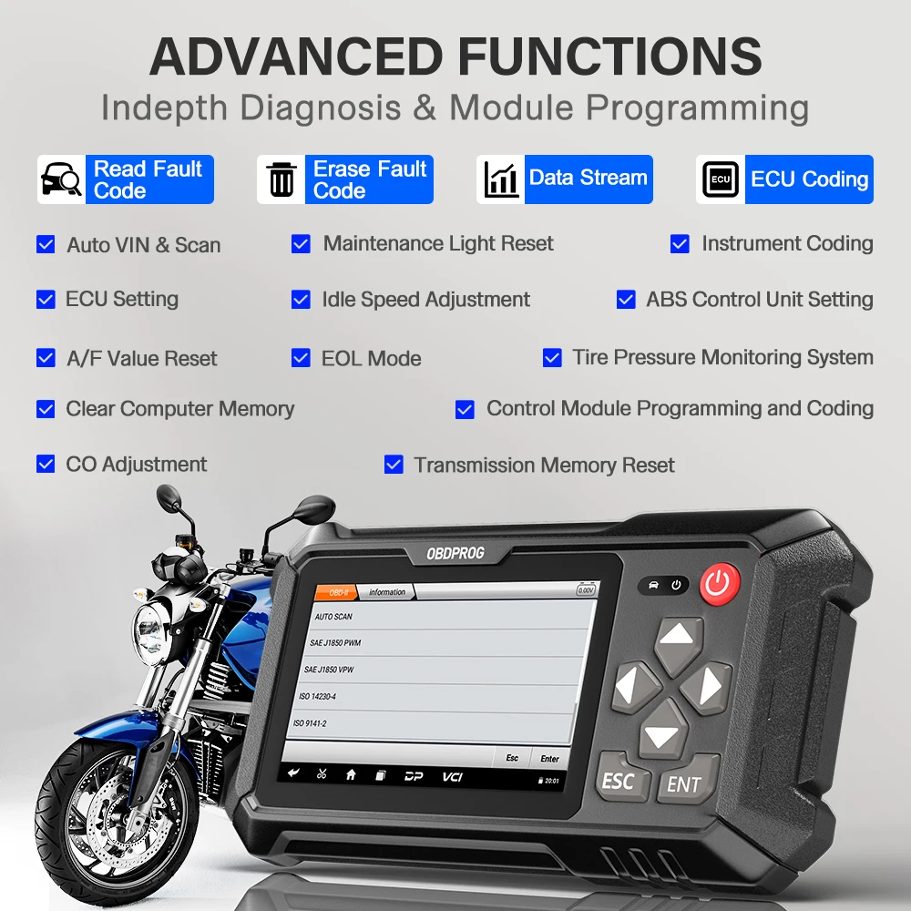 OBDPROG MOTO 100 OBD2 Multi-brand Motorcycle Diagnostic Tool with OBDII All System Code Reader ECU Coding A/F EPB Scanner Tester