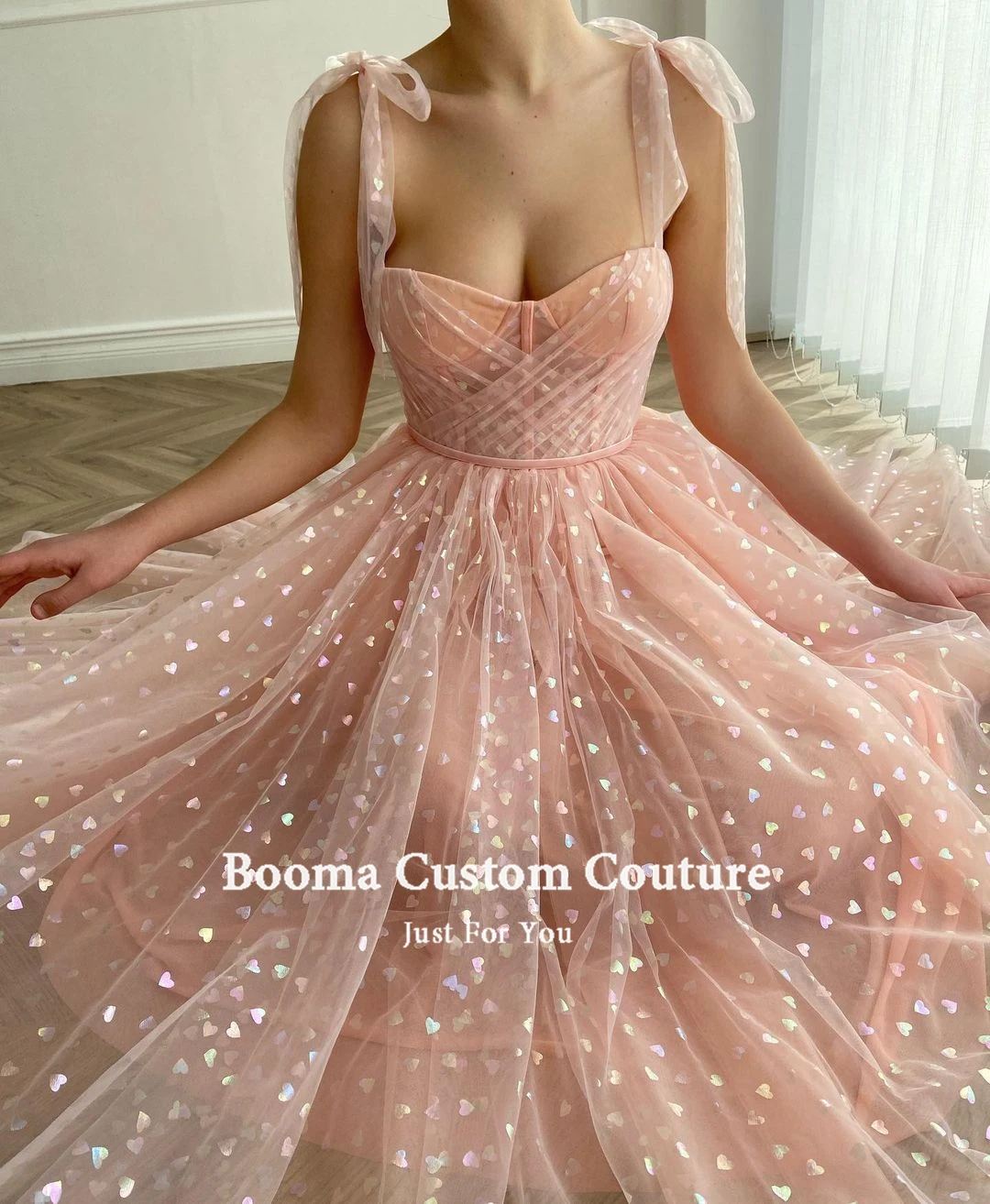 Booma Blush Pink Hearty Evening Dresses 2022 Spaghetti Straps Midi Prom Dresses with Pockets Tea-Length Wedding Party Dresses