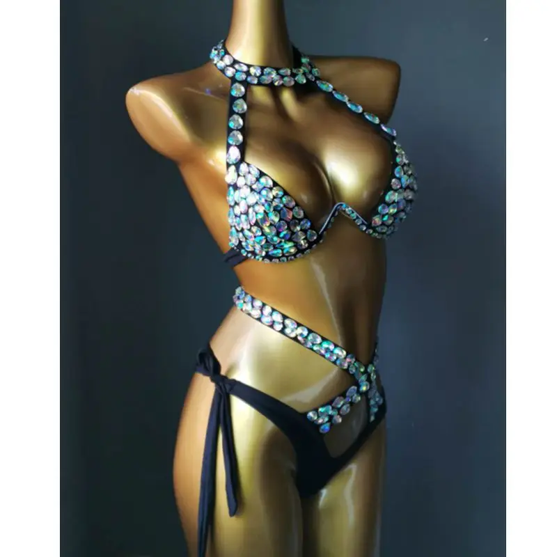 Pole Dancing Stones Bikini Costume Rhinestones Hot Shorts Bra 2 Pieces Outfit Nightclub Bar Party Show Model Catwalk Stage Wear