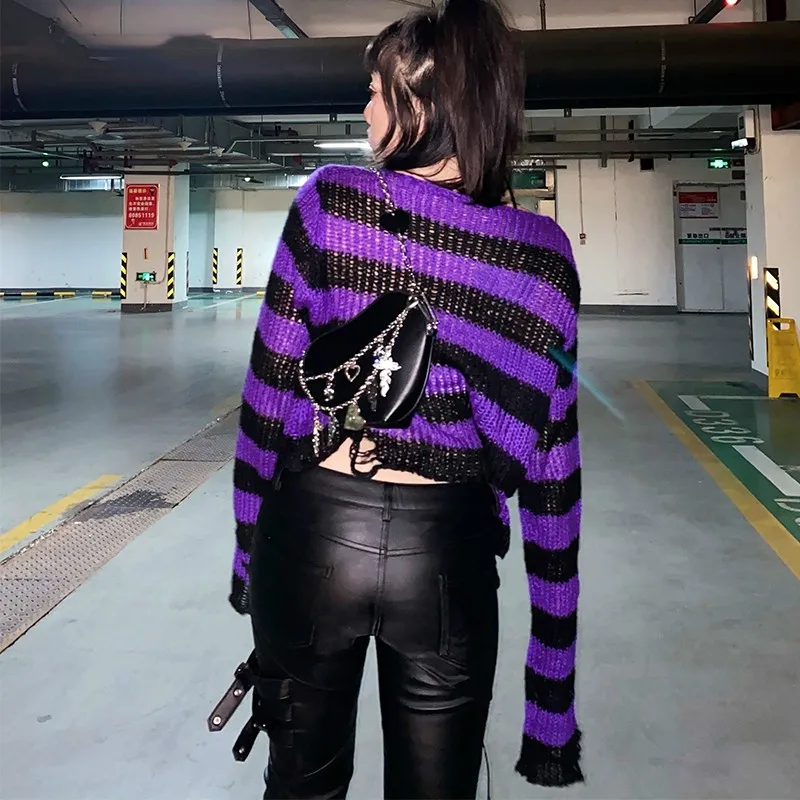 Punk Gothic Short Sweater 2021 Summer Women Sexy Striped Cool Hole Broken Jumper Loose Alt Emo Dark Streetwear Y2k Top Unisex