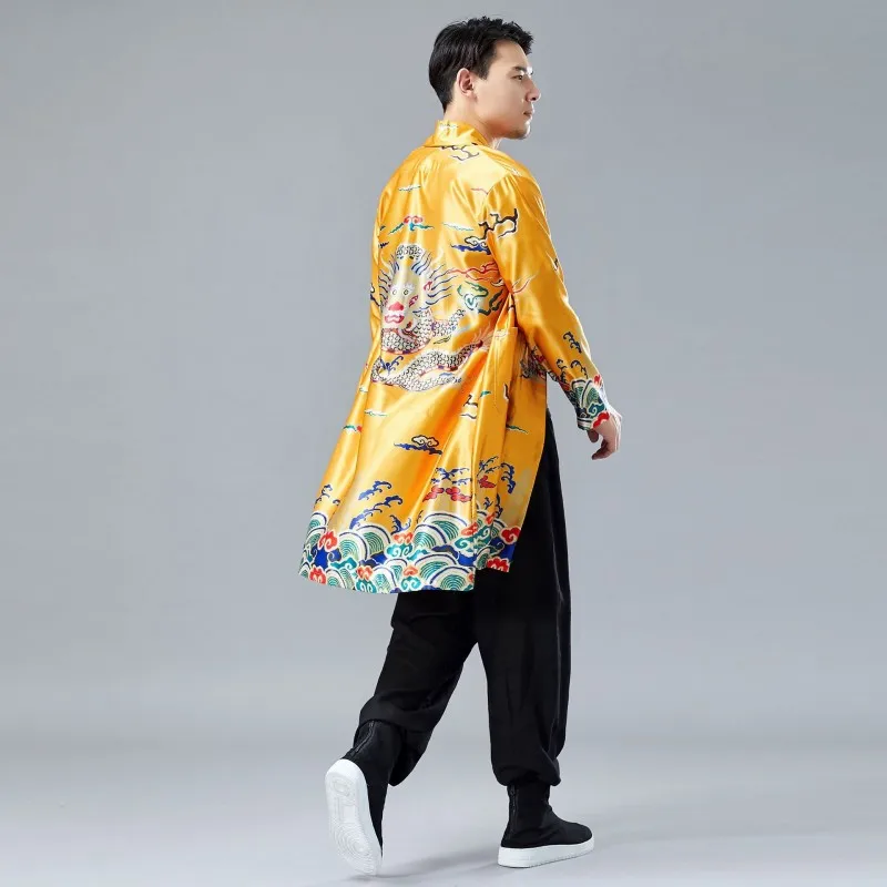 2020 Spring Chinese Style Men Printing Pattern dragon Long Slim Fit Lapel Casual Trench Outerwear Male Robe Runway Coats