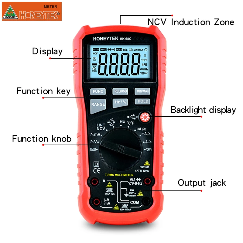 HONEYTEK True RMS multimetr cyfrowy AC/napięcie prądu stałego miernik prądu multimetr ręczny Auto zakres cyfrowy Tester woltomierz