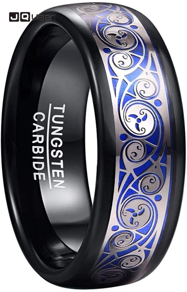 JQUEEN Men's 8mm Tungsten Carbide Ring with Blue Background Triple Spiral Pattern Inlaid Tungsten Ring Comfort Fit Size 7-12