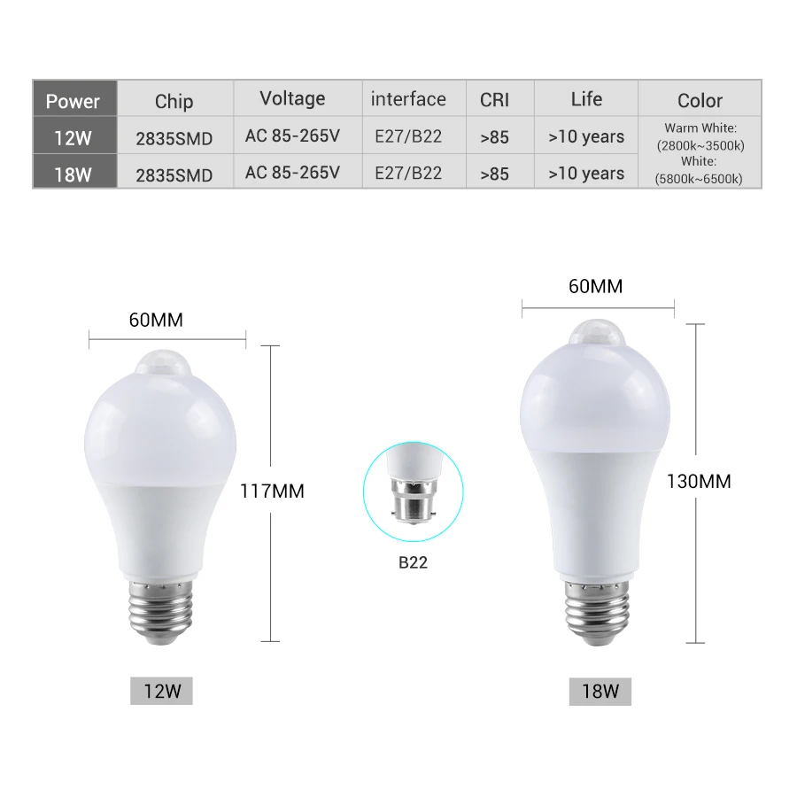 PIR Motion Sensor LED Bulb 85-265V E27 B22 12W 15W 18W 20W Auto ON OFF Human Infrared Sensor Lamp for Stairs Hallway Corrider