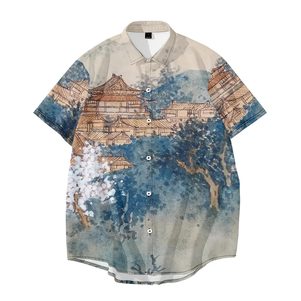 

Beach Casual Holiday Male Short Sleeve Shirts Chinese Style Print Hawaiian Shirt Hip Hop Tops Street Wear Blouse camisas hombre