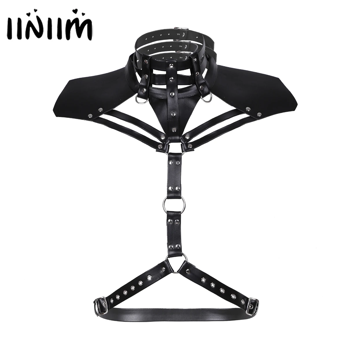 iiniim Mens Punk Clubwear Halter High Neck Shoulder Chest Harness Belt Faux Leather O-ring Nightclub Halloween Cosplay Costumes