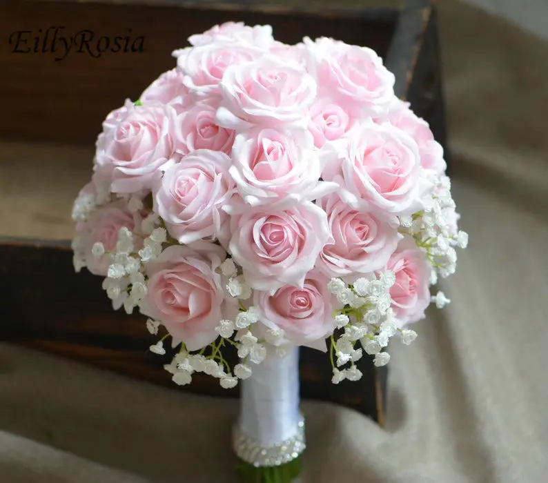 Eillyrosia Roze Bruidsboeket Rozen Gypsophila Ronde Eenvoudige Lovertjes Wit Lint Bruidsmeisje Houden Bloem Mariage Champetre