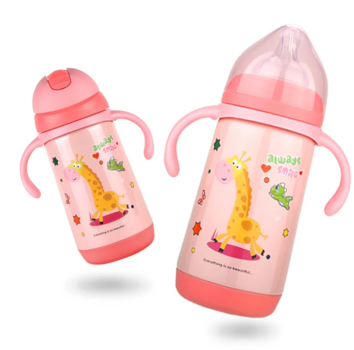 

Bpa-free 300ml Baby's drinking 304 Stainless steel straw thermos cup portable rope mini Vacuum Flask Cartoon tea water Bottle