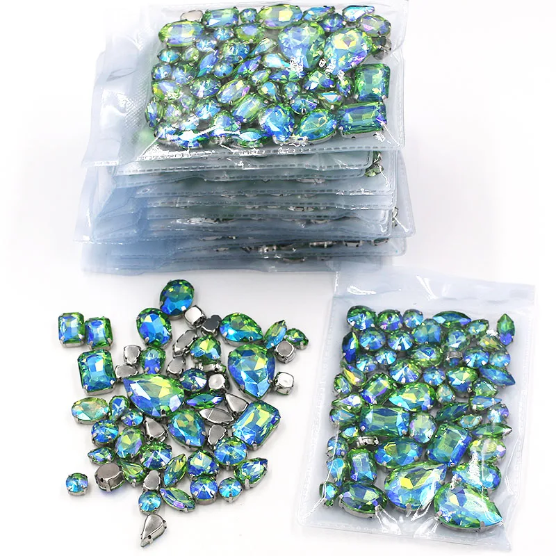 Hot sale Wholesale 5 bags mixed shape Green AB rhinestones glass crystal silver base sew on rhinestones diy clothing