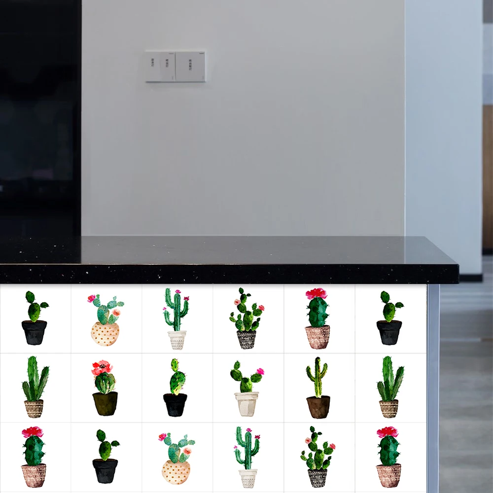 10pcs/set Hand Painted Green Cactus Crystal Hard Tiles Wall Sticker Kitchen Tables Home Renovation Wallpaper DIY Art Wall Decals