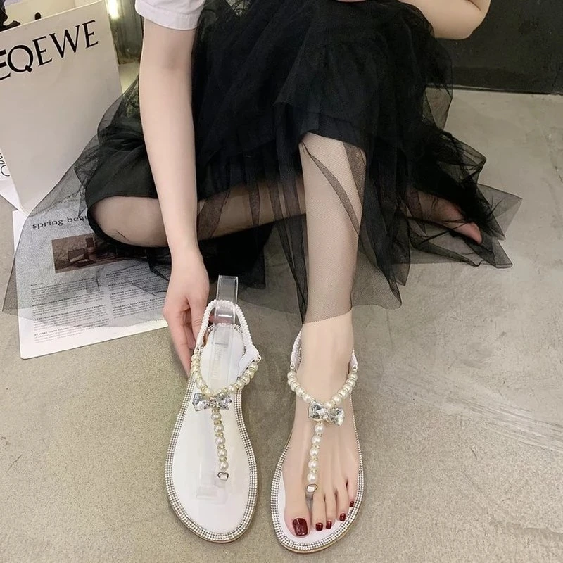 Summer Women Sandals Fashion Sandalias String Bead Flat Heels Buckle Strap Pearl Women\'s Shoes Casual Black Pink Modern Sandals