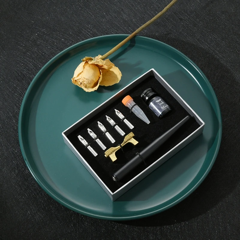 Wooden Calligraphy Dip Pen + 5 Nibs Ink Kit Gift Box  Set