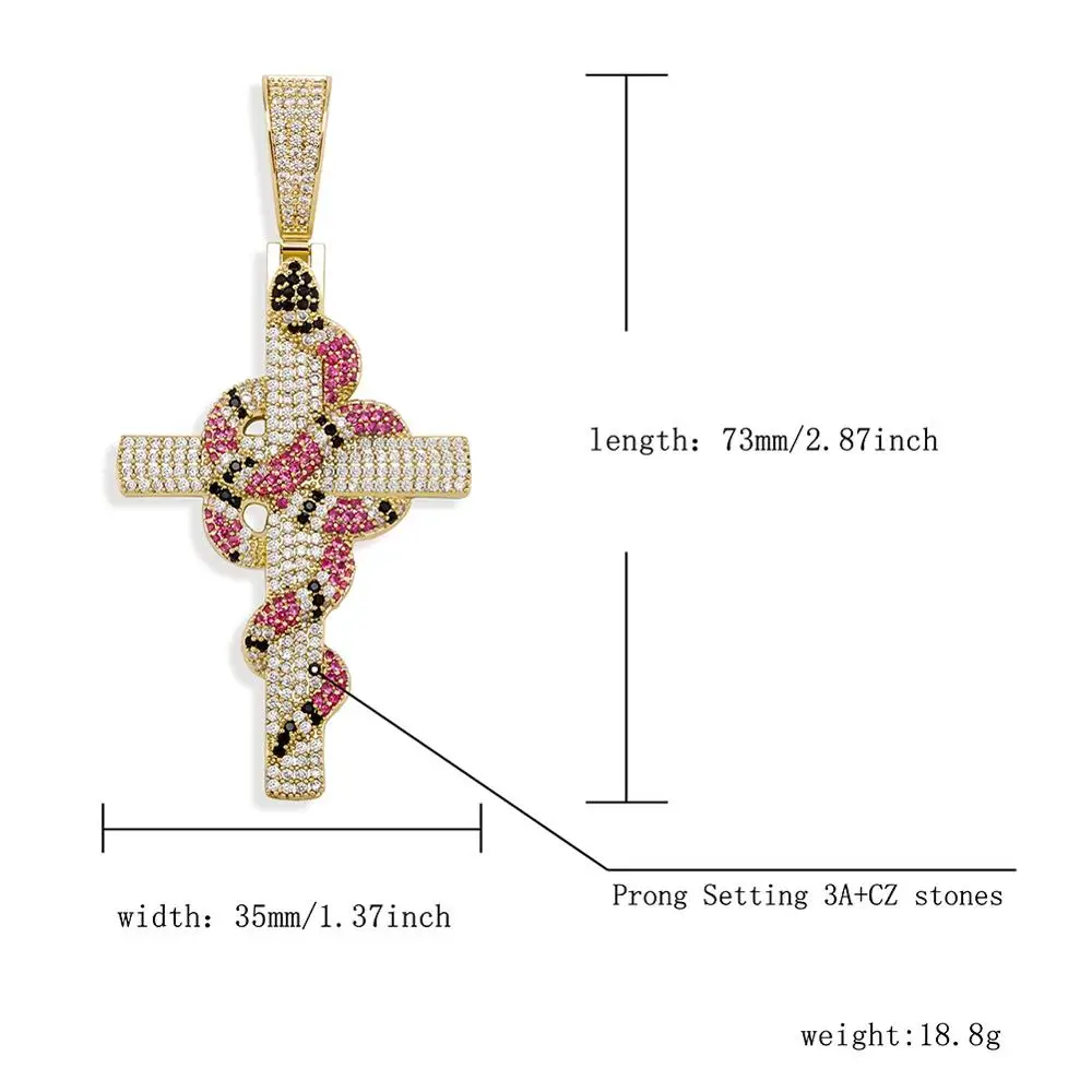 TOPGRILLZ New Snake Winding Cross Pendant Necklace Iced Out Cubic Zirconia Pendant Christmas Halloween Hip Hop Jewelry Gifts