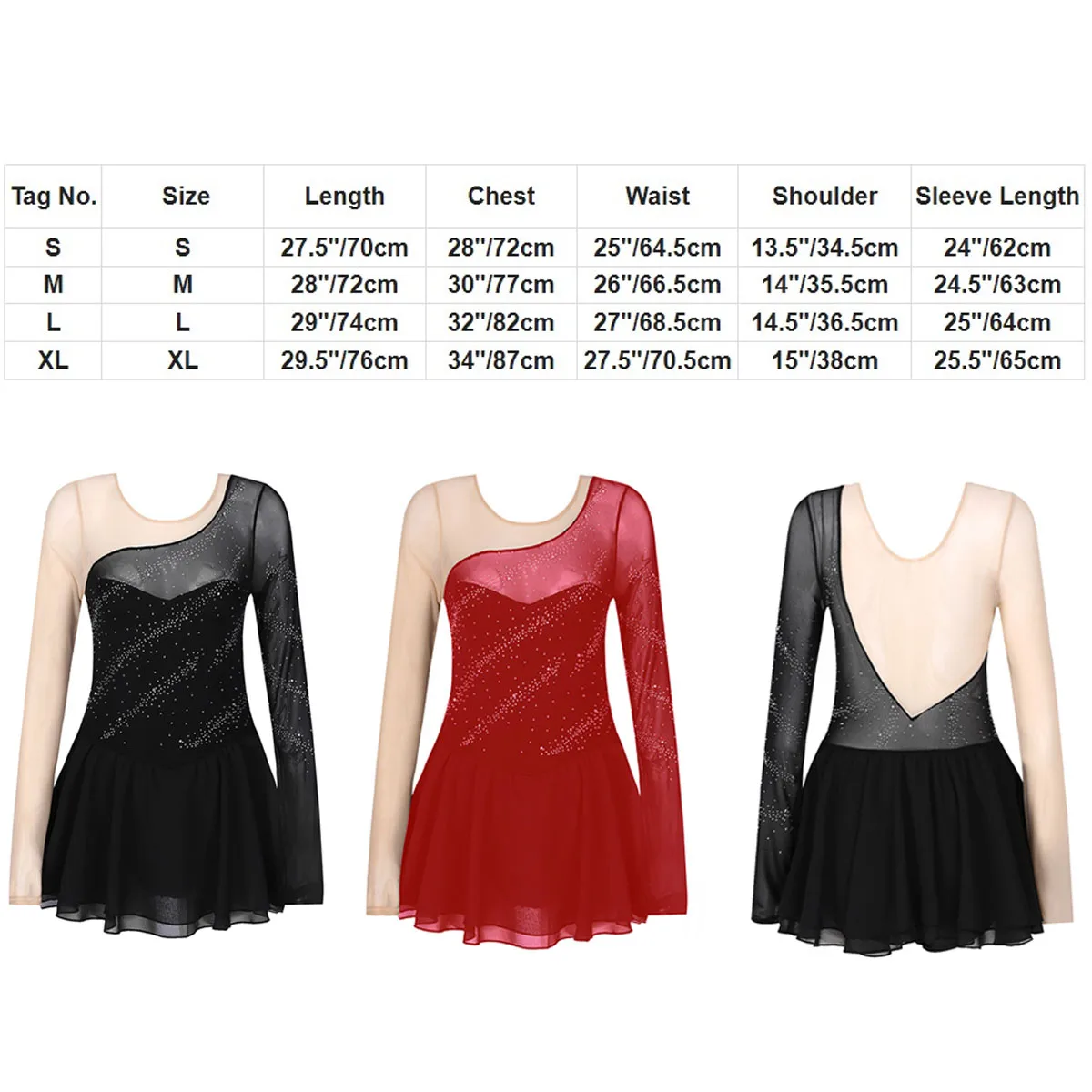 Women\'s Ice Skating Dress Ballet Dance Leotard Adult Mesh Long Sleeve Rhythmic Gymnastics Leotard Rhinestones Dance Costumes