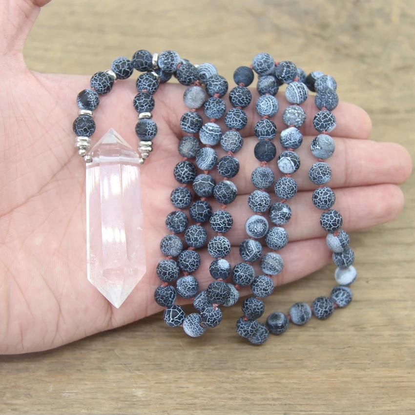 Clear Crystal Quartz Double Point Pendants Black Dragon Ven Agatas Round Bead Knotted Handmade Mala Yoga Necklace Jewelry,QC0131