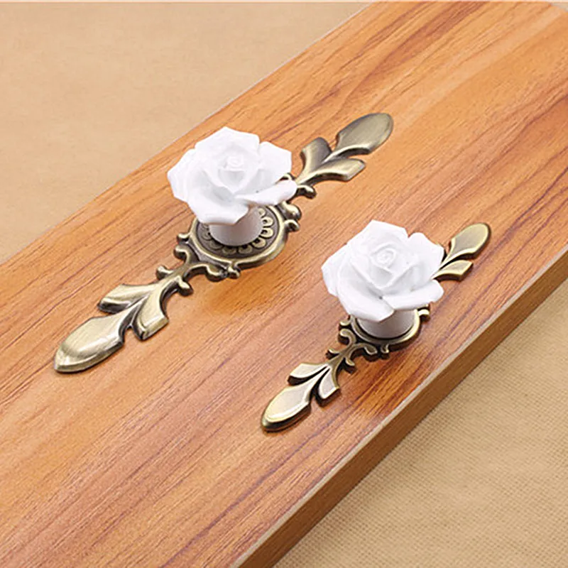 

5PCS Ceramic Alloy Base Door Handles Rose Flower Pink/White Cupboard Closet Drawer Cabinet Knobs Single Hole Furniture Handle