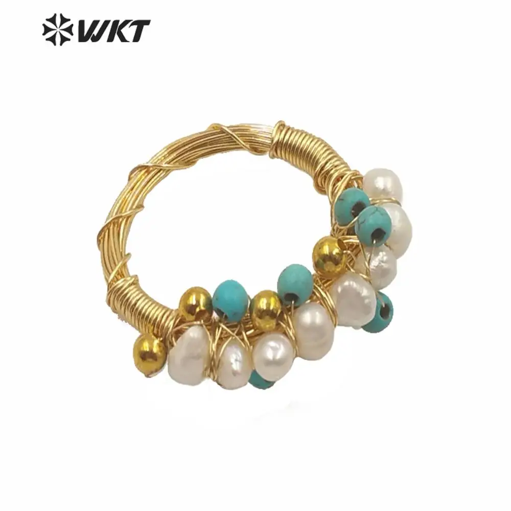 

WT-MPR005 New Hand Make Gold Wire Wrapped Pearl Rings Summer Bohemian Causal Style Tiny Charms Exquisite Decorated