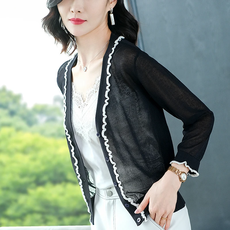 High Quality Women Cardigan Summer Thin Knitwear See Through Female Sun Protection Knit Outwear