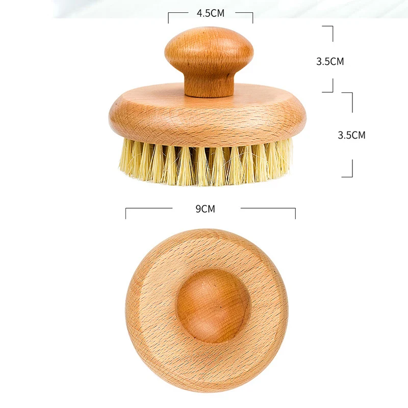 둥근 목욕 샤워 바디 각질 제거 브러시, 천연 사이슬 강모 너도밤나무 나무 손잡이 각질 제거제, 등 스크러버 마사지 도구