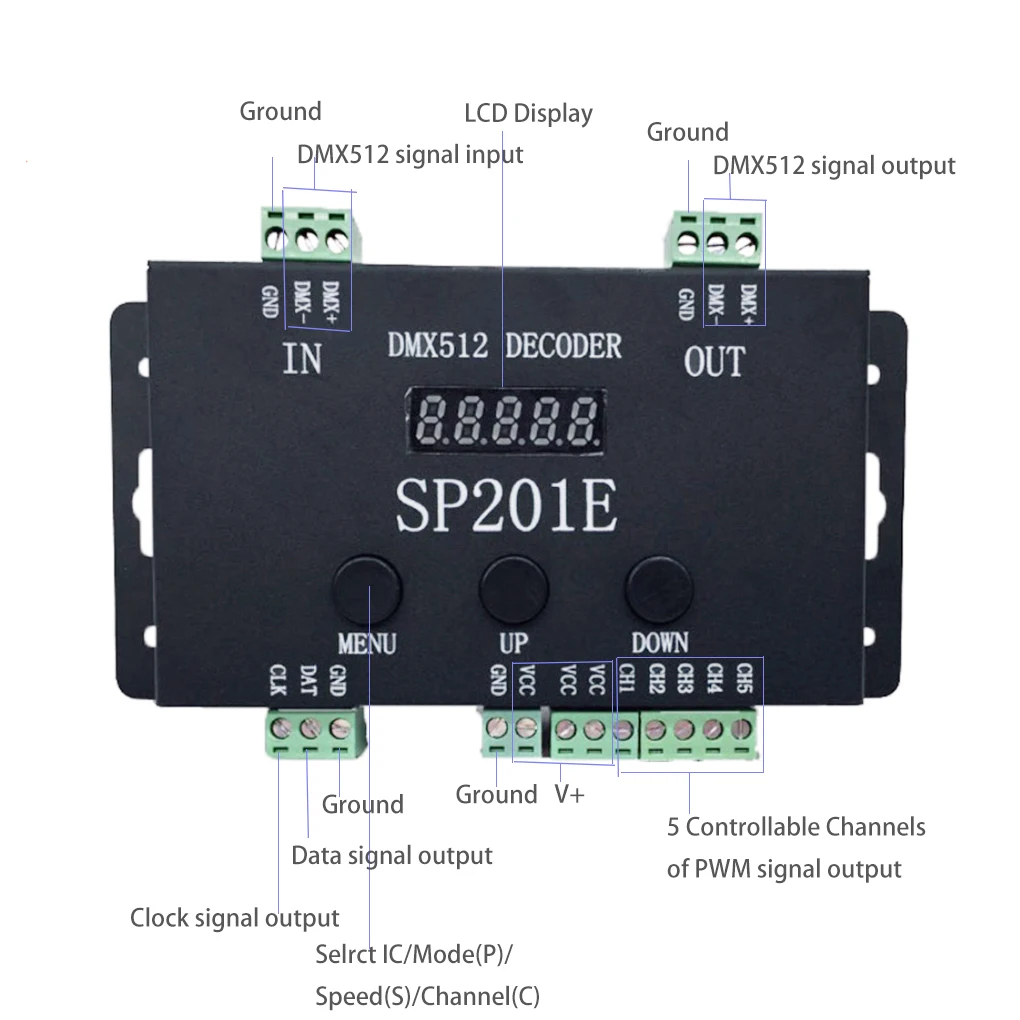 WS2812B WS2811 DMX to SPI Led Controller Decoder and WS2812 led Matrix Panel SP201E 5 Channel DMX 512 RGB WW Decoder Controller