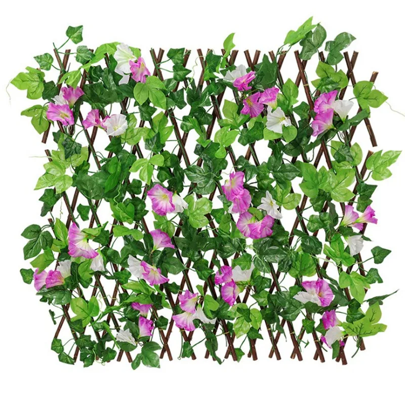 Retractable Wooden Fencing Trellis Artificial Morning Glory Flower Leaf Roll Privacy Hedge Wall Hanging Garden Decoration