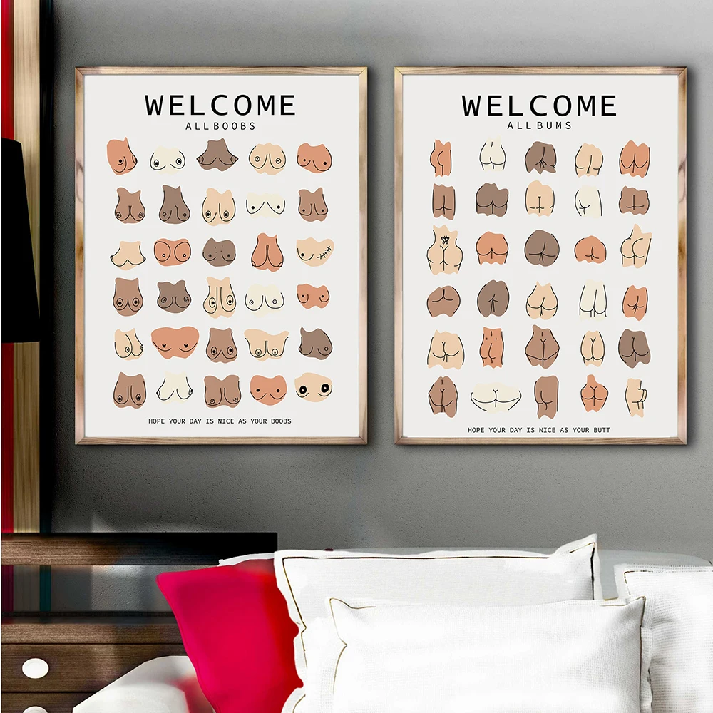 Funny Bathroom Colorful All Skin Races Body Butt Boobs Wall Art Canvas Painting Posters and Prints Line Pictures for Living Room