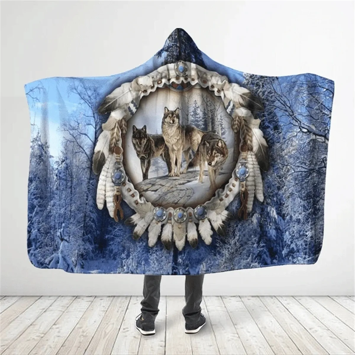 

Native Wolf Feather 3D All Over Printed Hooded Blanket Adult child Sherpa Fleece Wearable Blanket Microfiber Bedding 01