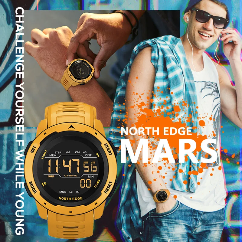 NORTH EDGE Mars Men Digital Watch Men\'s Military Sport Watches Waterproof 50M Pedometer Calories Stopwatch Hourly Alarm Clock