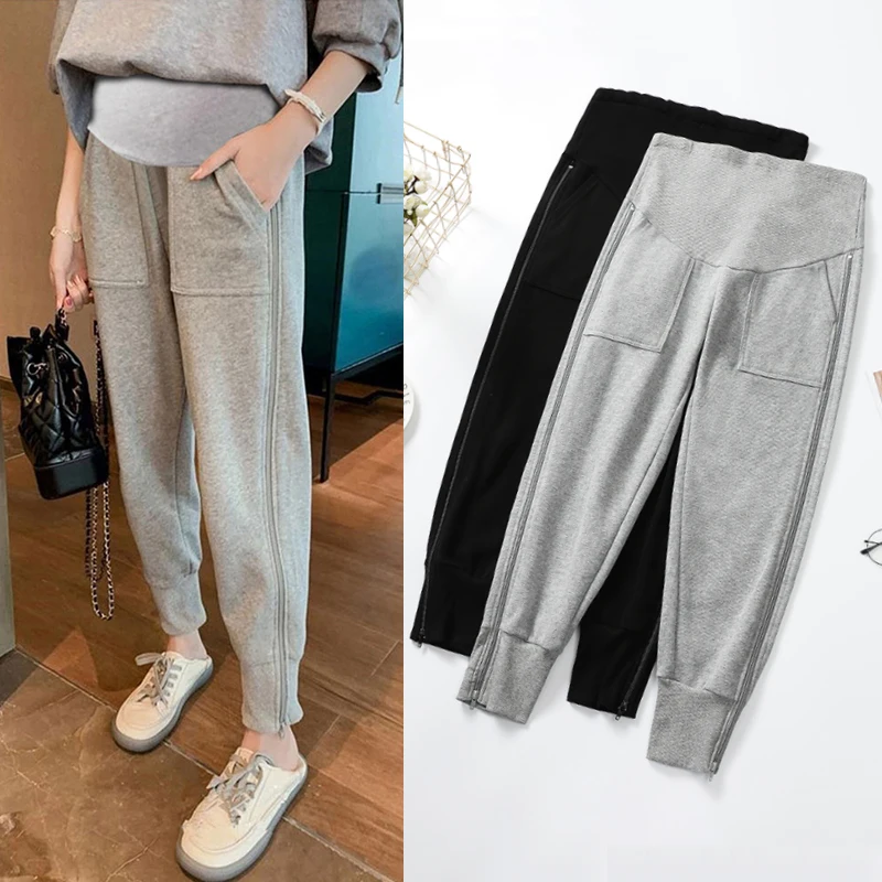 Pantalones informales de vientre para mujer embarazada, calzas acolchadas sueltas a la moda, deportivas, color negro y gris, venta al por mayor, primavera y otoño, 2024