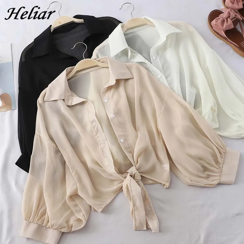 HELIAR Chiffon Shirts Women Half Sleeve Button Up Chiffon Blouses Female Blusa Feminina OL Shirts For Women 2020 Autumn