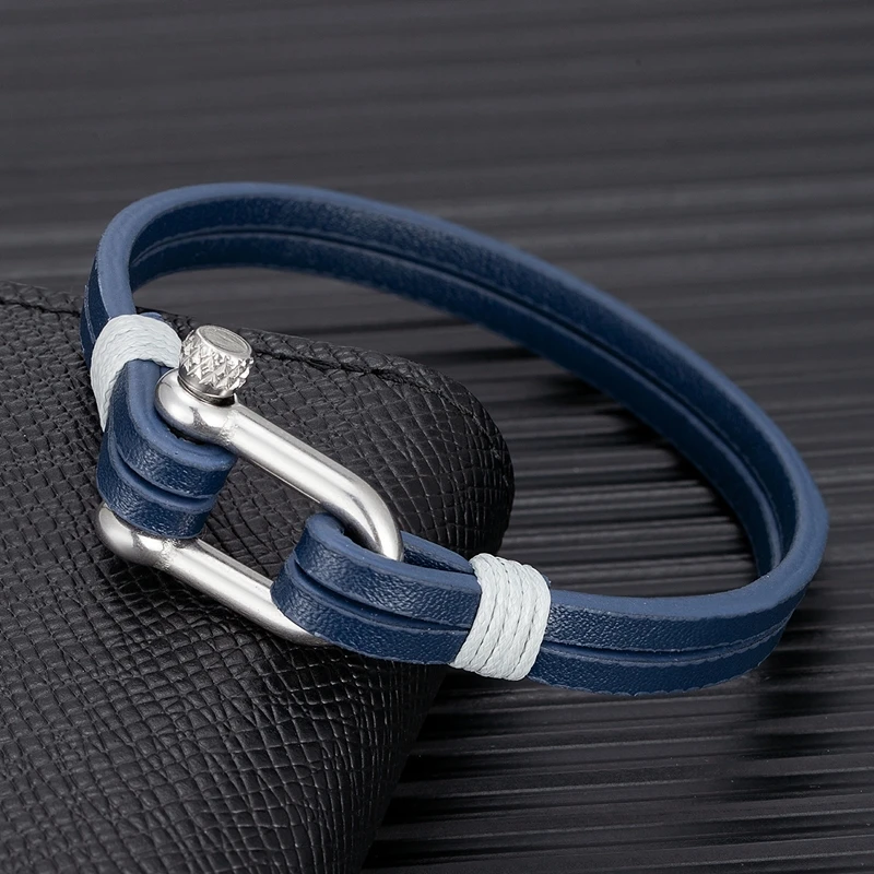 MKENDN Men\'s Nautical Double Strand Leather Shackle Bracelet With Stainless Steel U shape Clasp For Women Minimalist Jewelry