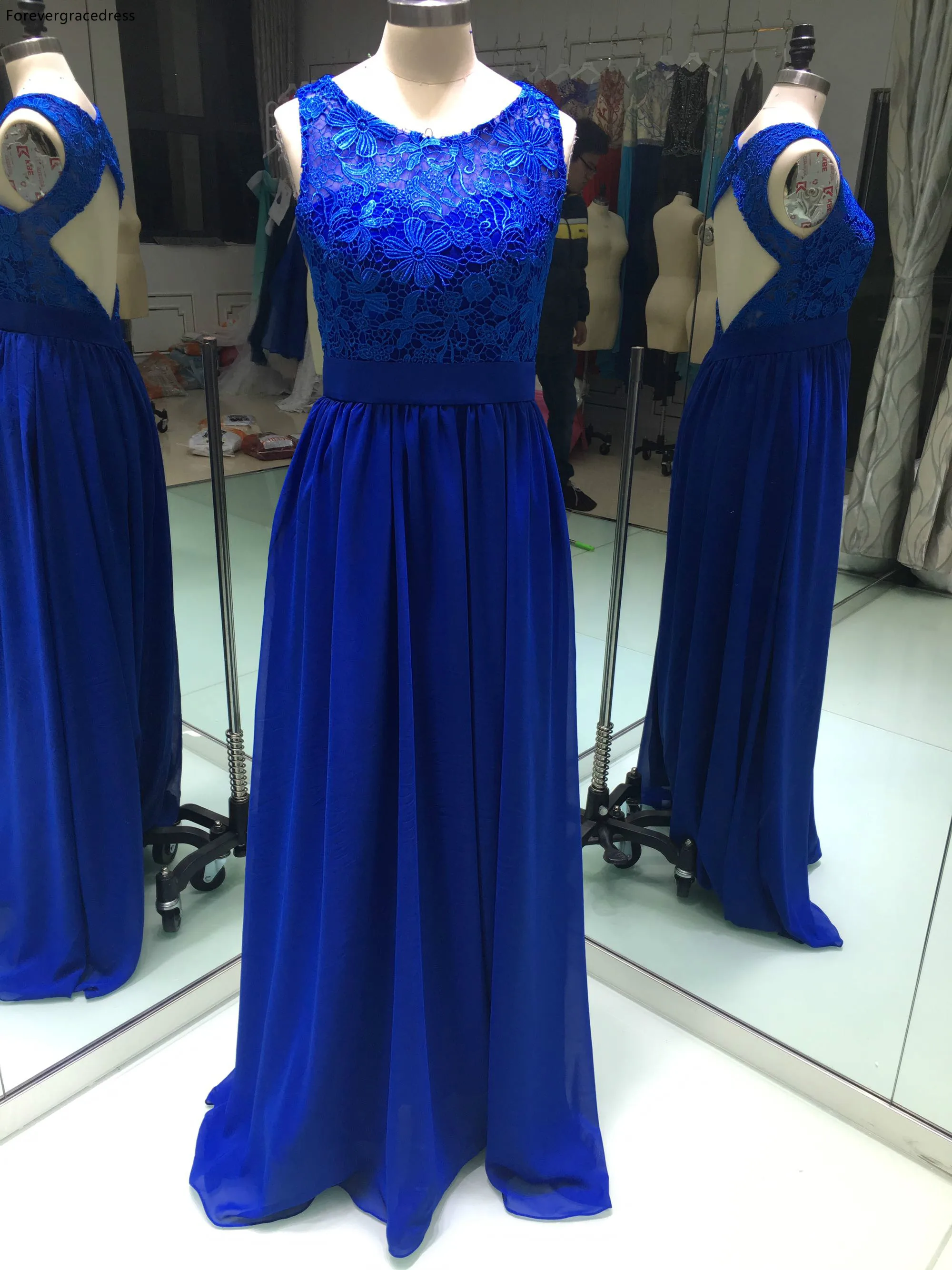 

Royal Blue Long Bridesmaid Dress Chiffon Lace Sleeveless Backless Formal Guest Maid of Honor Gown