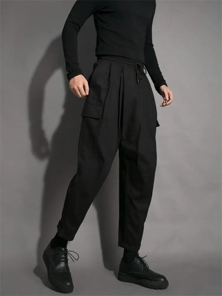 Men's new hairstylist style dark tide brand asymmetric folding pants long pants adjustable taper loose casual cropped pants